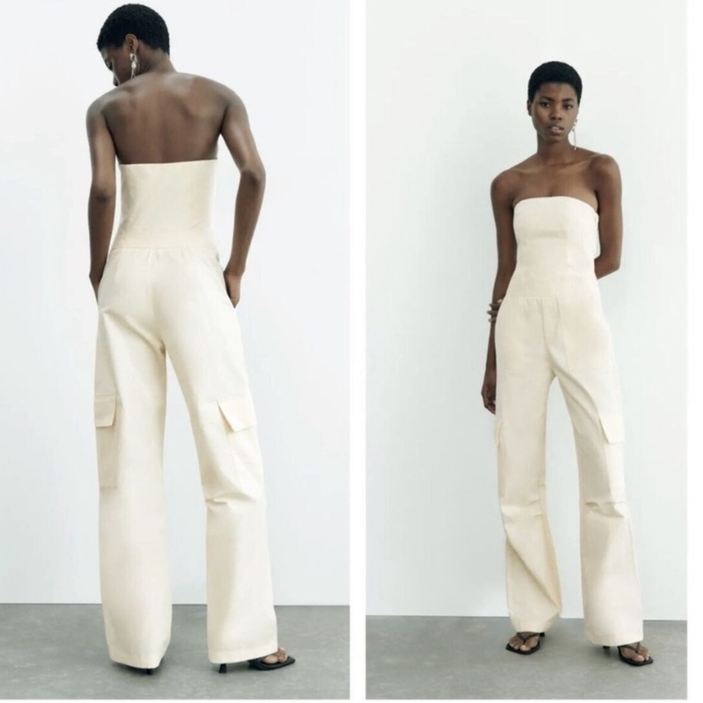 NWT Zara Strapless Wide Leg Cargo Jumpsuit in Off-White - Picture 3 of 16